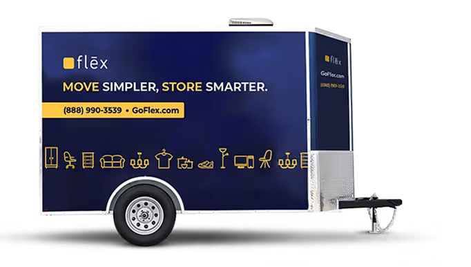 10 foot Navy blue Flex enclosed trailer with yellow "Move simpler store smarter" banner, contact number, and row of gold storage/moving icons along the bottom, side view