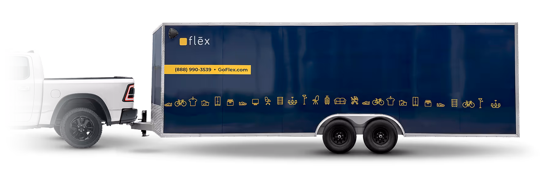 White pickup truck towing a long navy blue Flex, 24 ft enclosed trailer with yellow icons and contact info along the side, side view on white background.