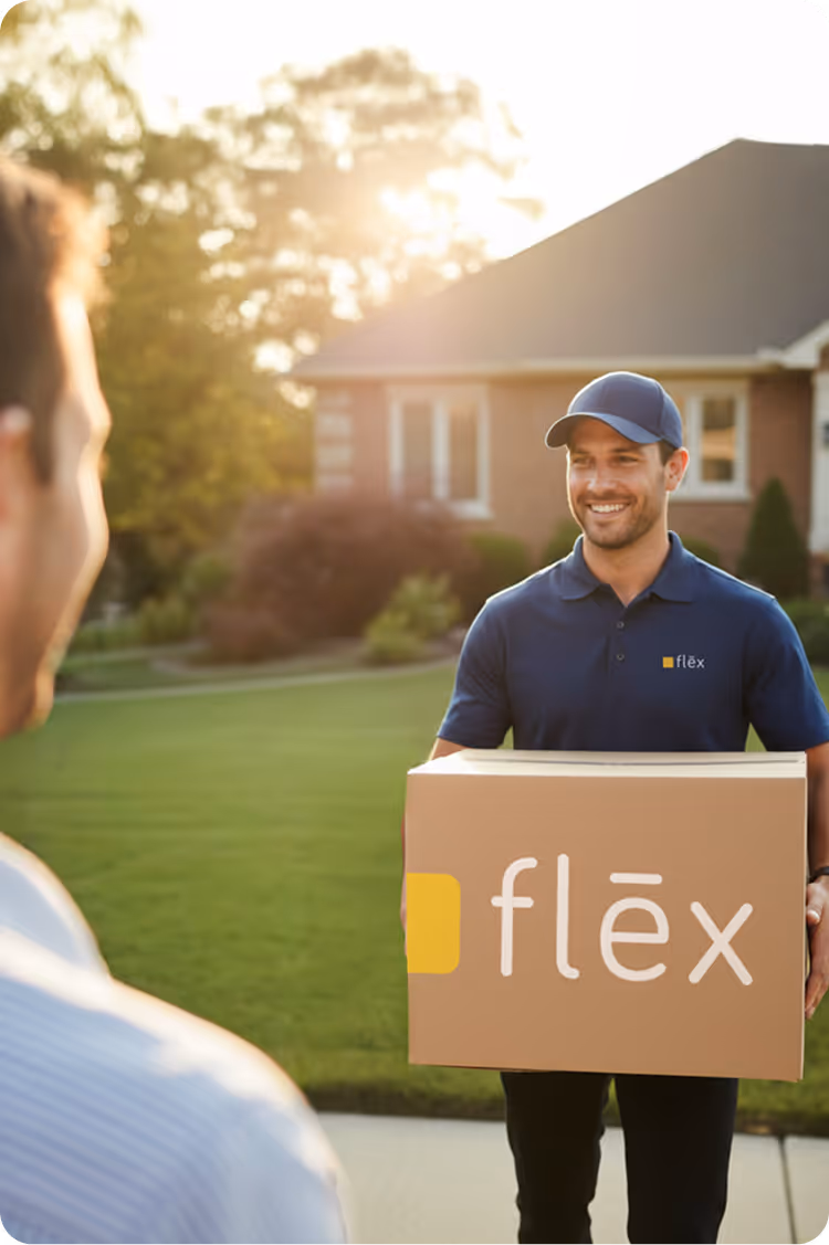 Smiling Flex mover in navy polo and cap handing a large cardboard box to a customer outside a residential home on a sunny day.