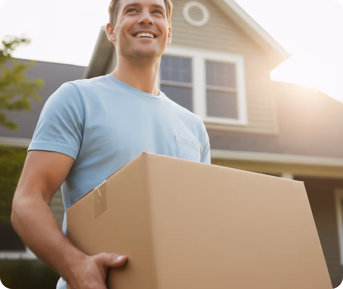 Smiling man in light blue t-shirt carrying a large cardboard moving box in front of a suburban house on a sunny day.
