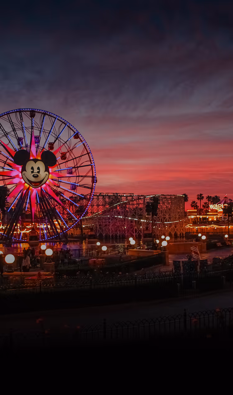 Mickey Mouse Ferris wheel and roller coaster at sunset in an amusement park.