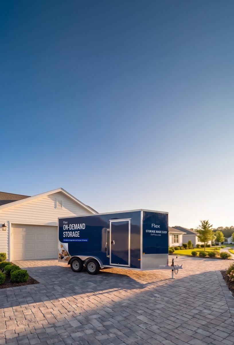 A Flex on-demand storage trailer parked in a suburban driveway at sunset