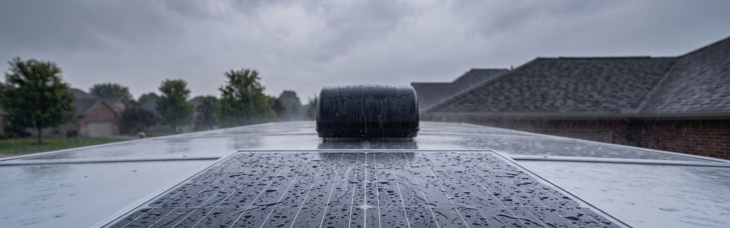 The trailer's solar panel in the rain