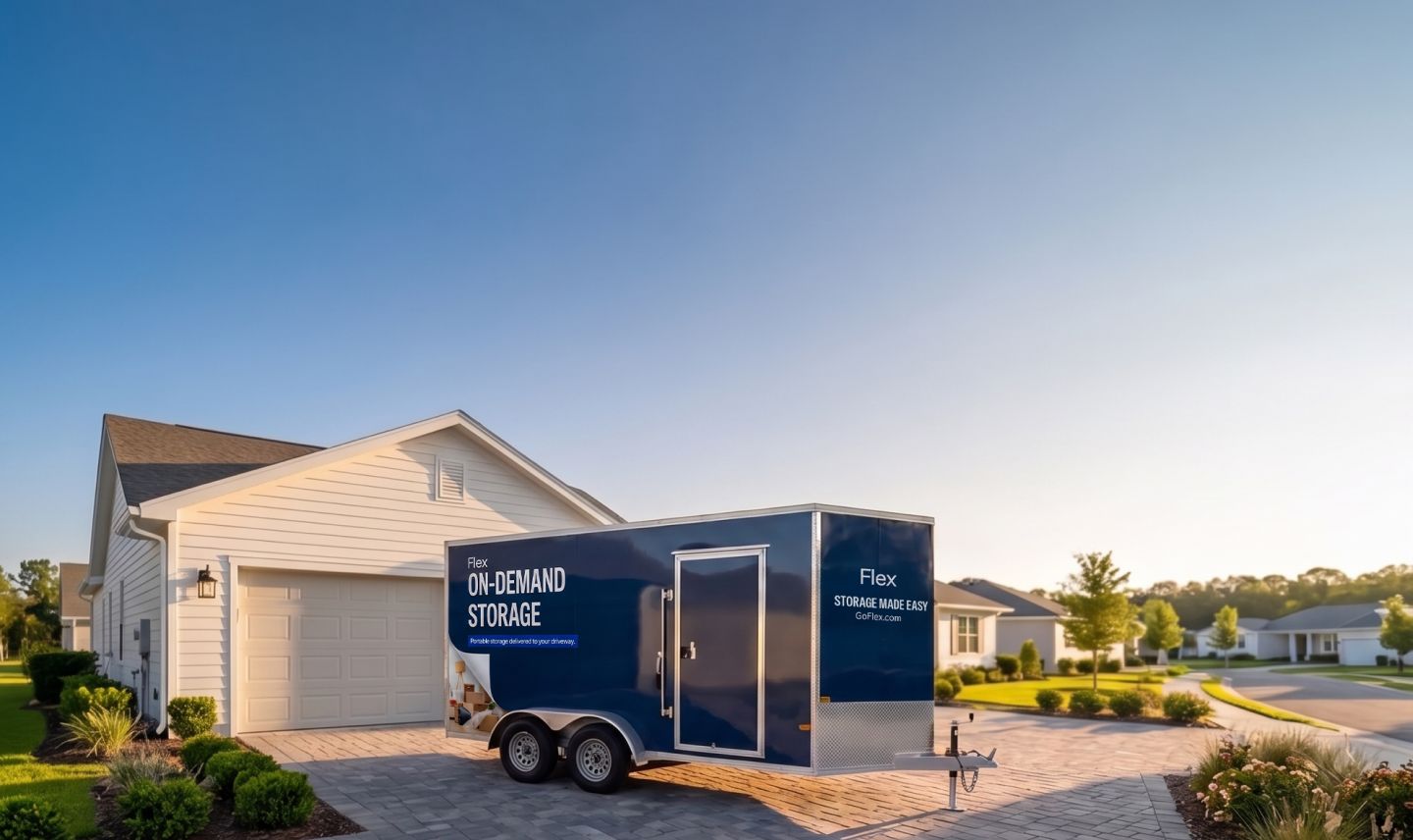 A Flex on-demand storage trailer parked in a suburban driveway at sunset