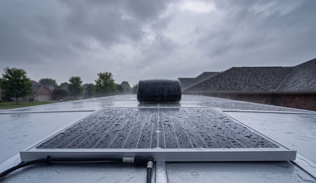 The trailer's solar panel in the rain