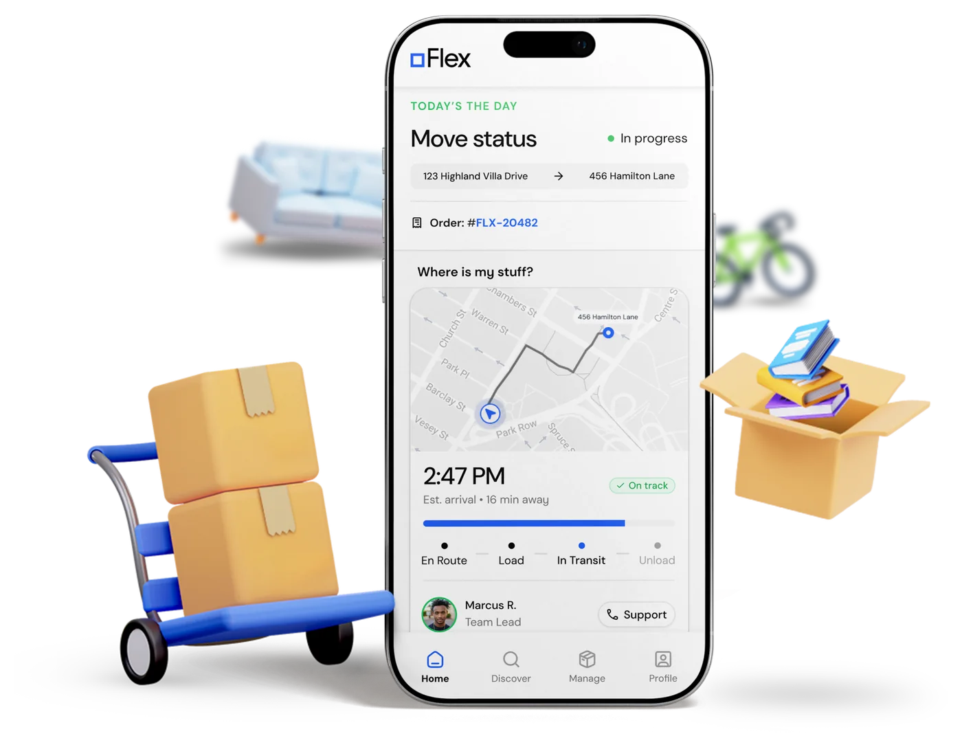 The Flex app showing a live move status, the crew's arrival time and the route on a map