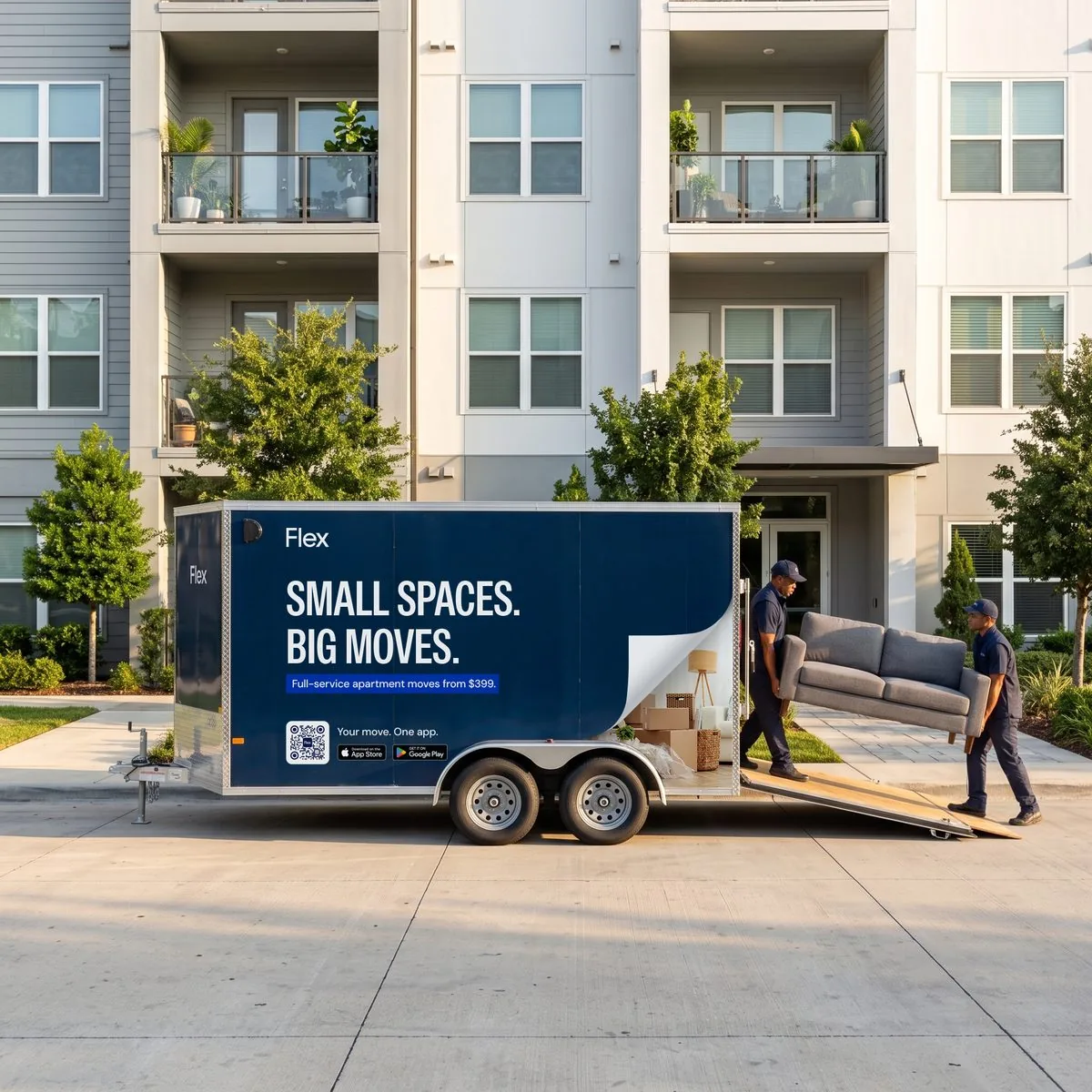 A navy Flex trailer parked outside an apartment complex while the crew loads a sofa