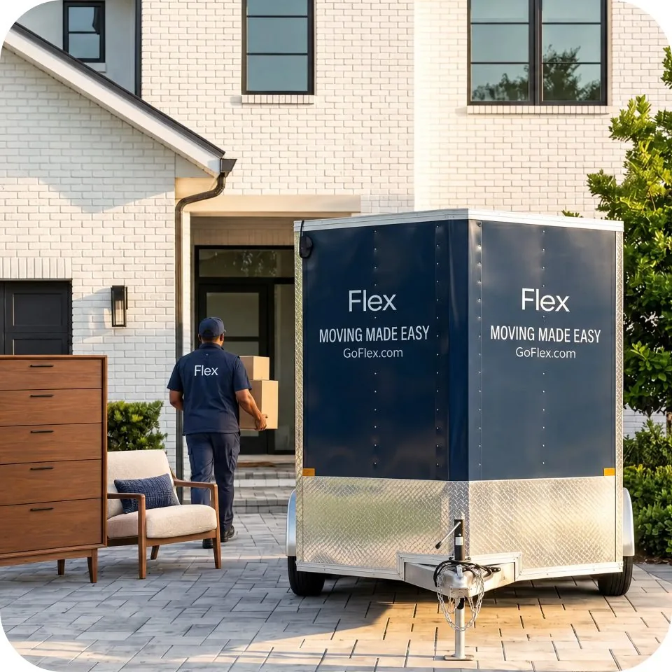 A Flex crew member carrying boxes past a navy Flex trailer parked in a driveway