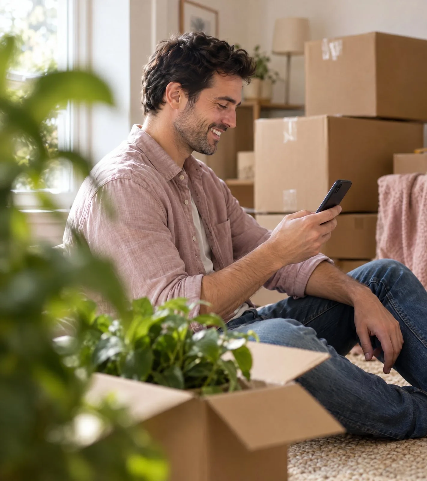 A man booking a last-minute move on his phone while packing