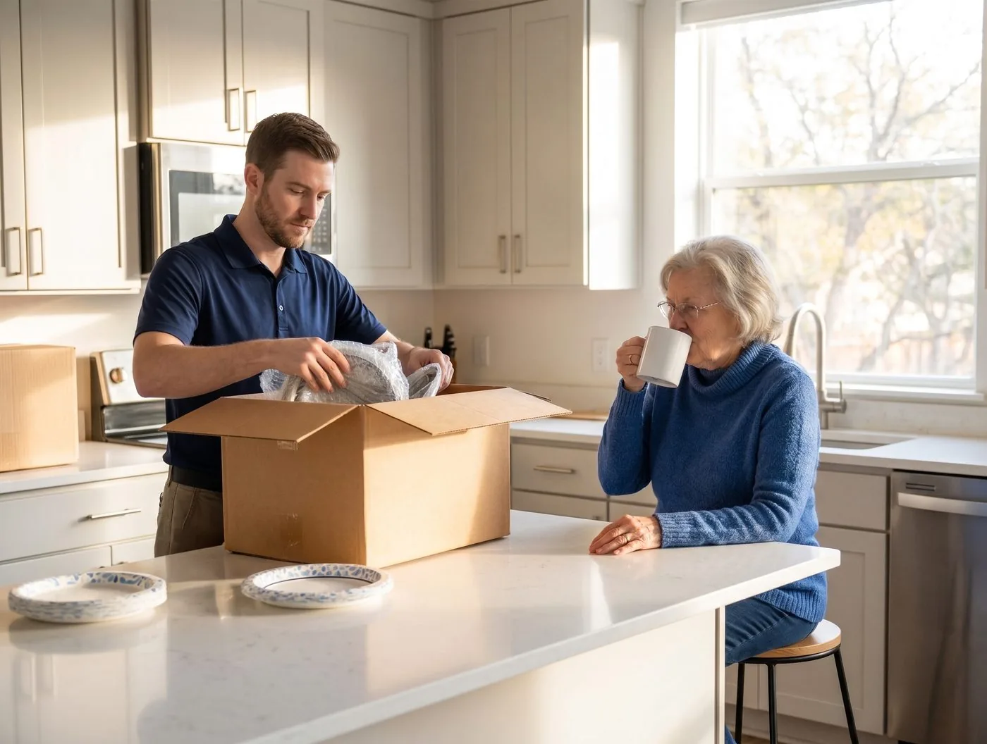 A Flex crew member packing dishes with an older customer in her kitchen
