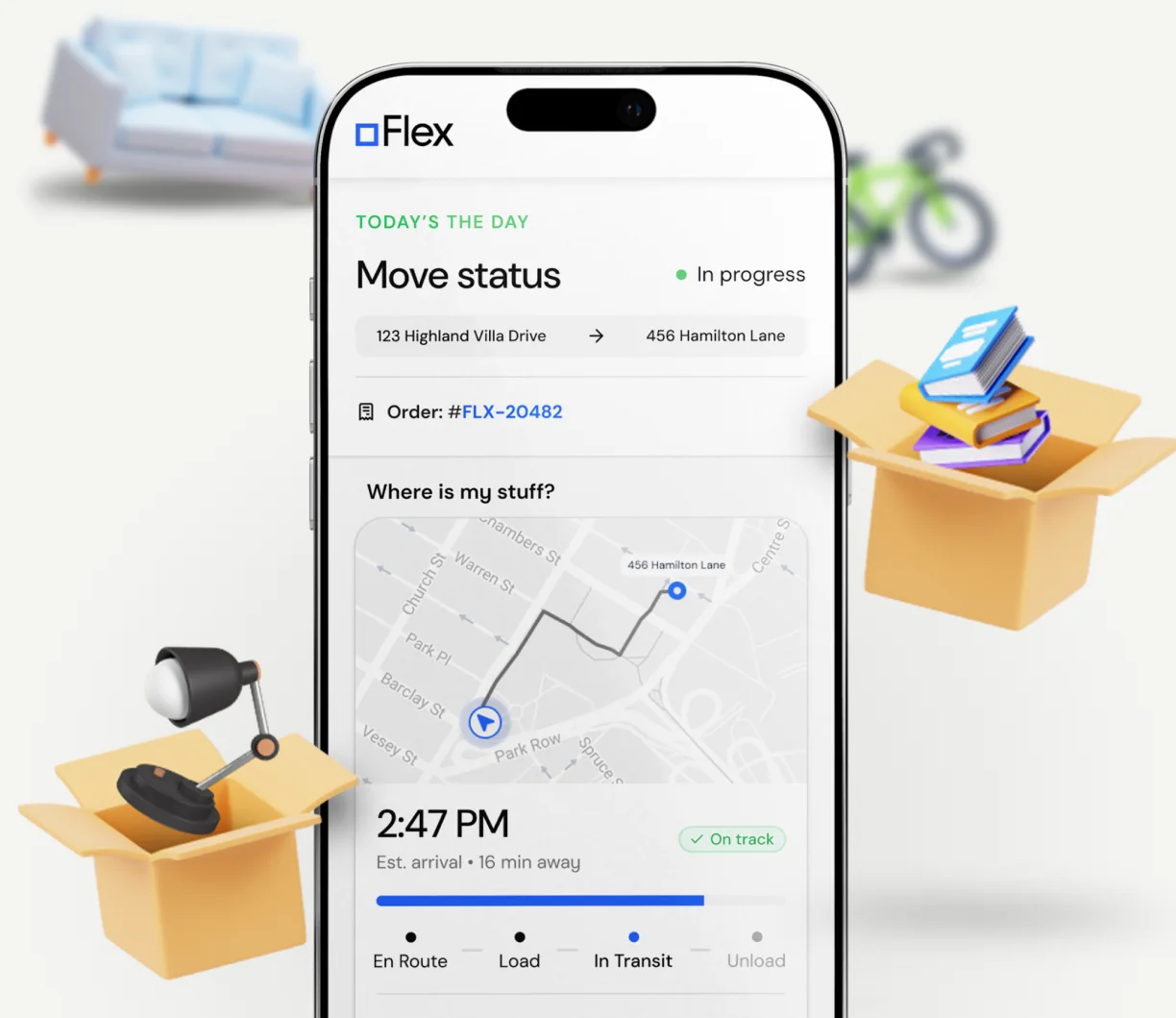 The Flex app showing a live move status, the crew's arrival time and the route on a map