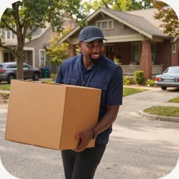 A Flex mover carrying a moving box in front of a house