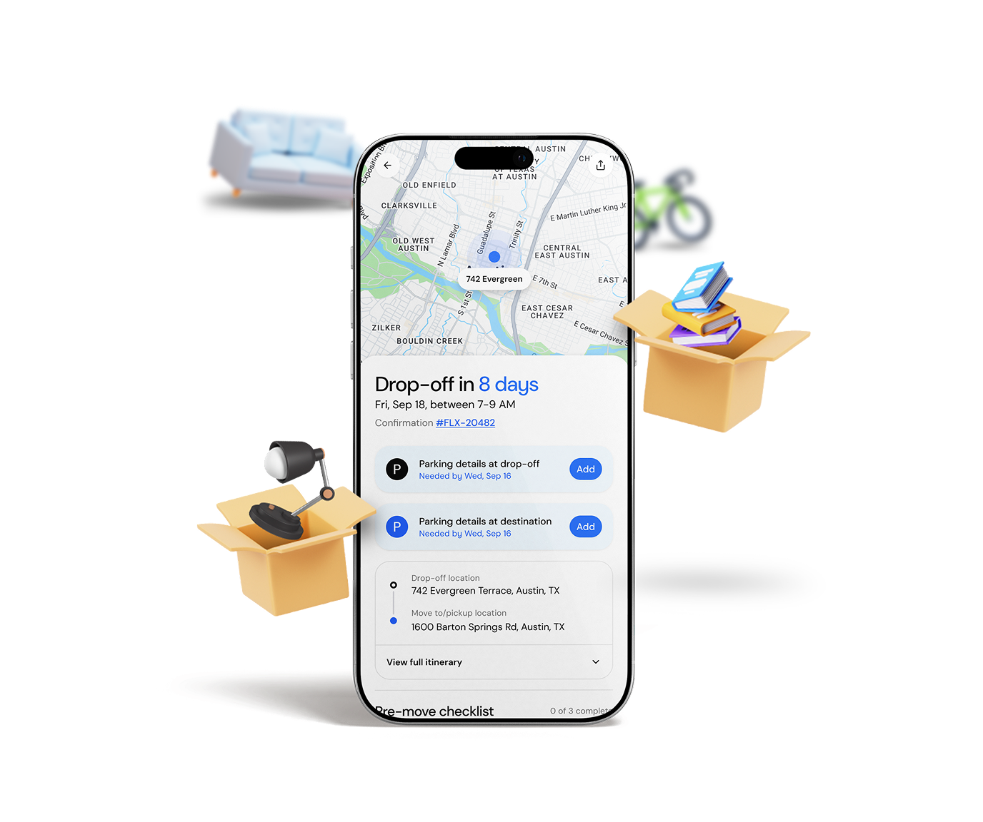 The Flex app showing a live move status, the crew's arrival time and the route on a map