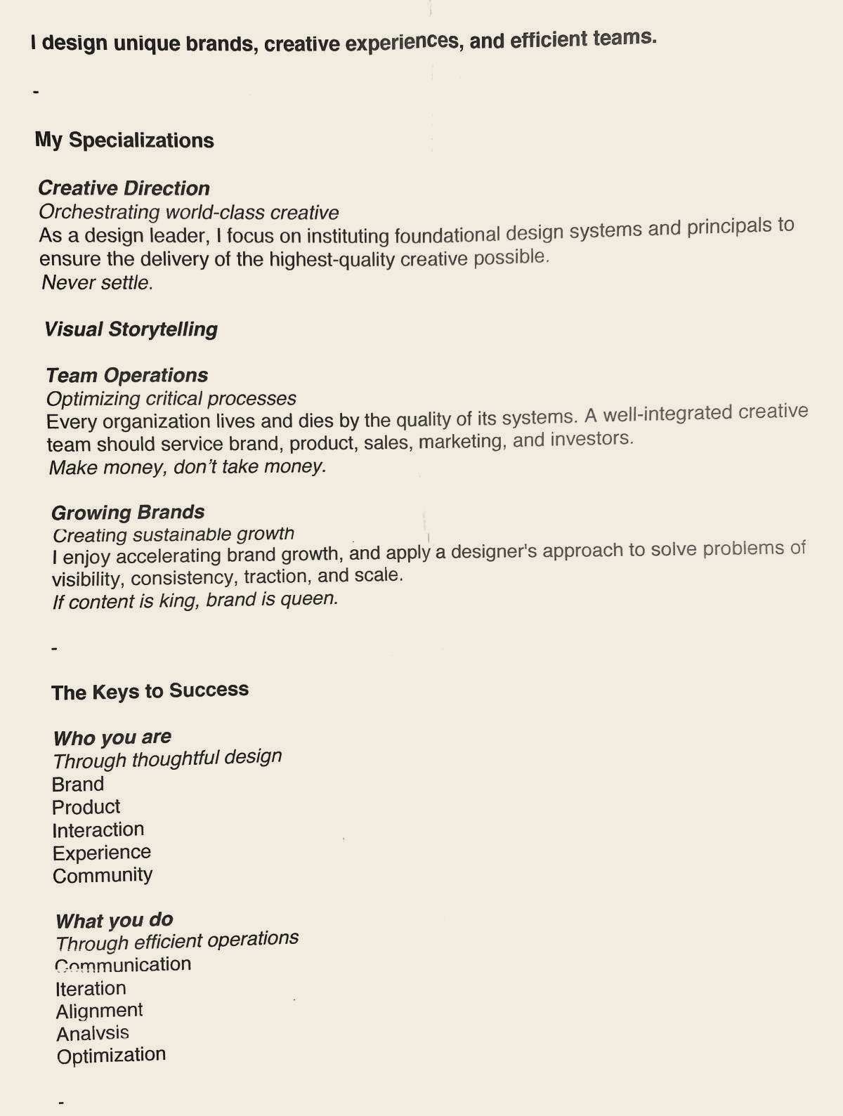 A scanned, typed page of Brian's design principles