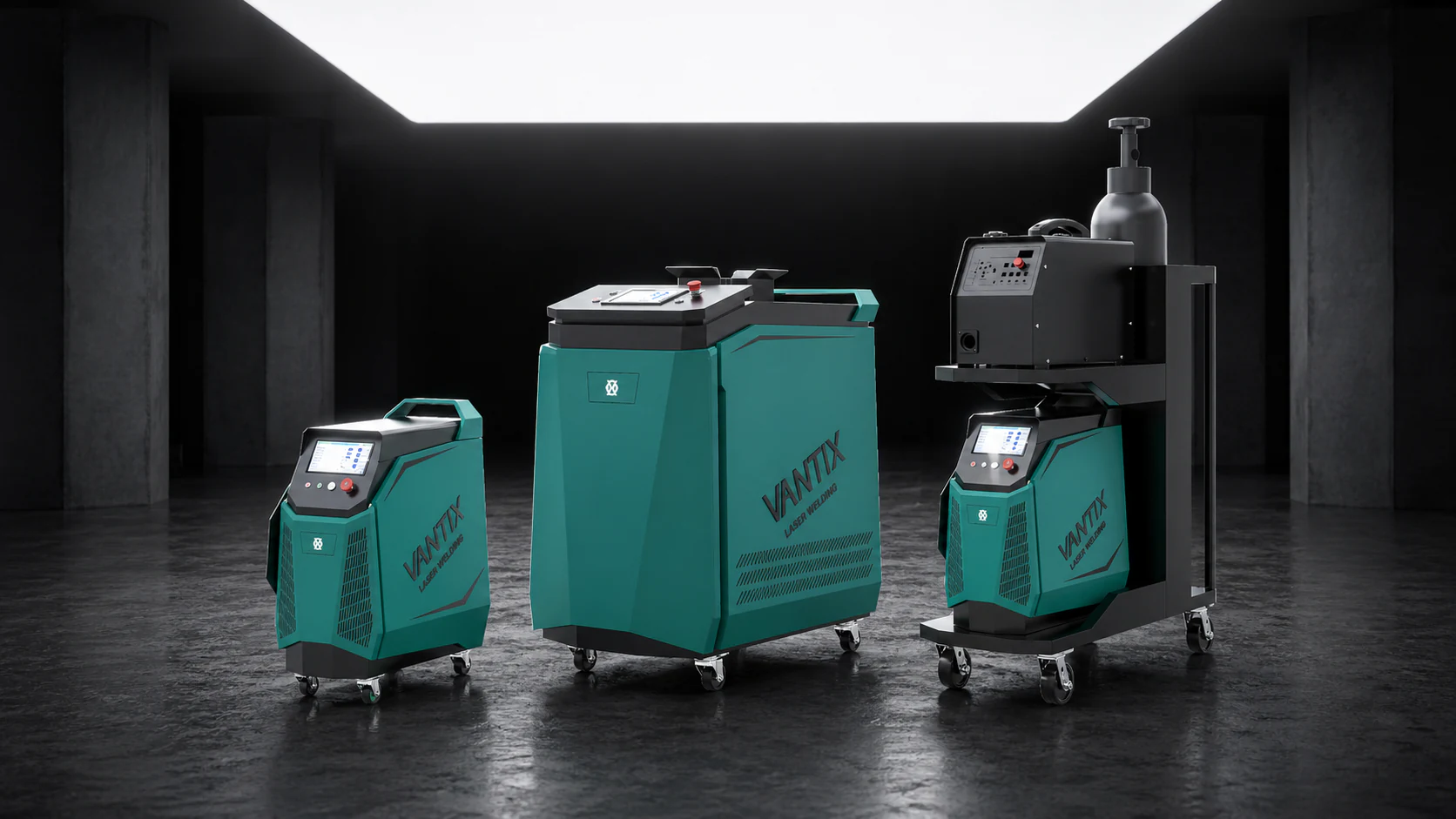 Rendering of three teal Vantix handheld laser welding units on wheels, one on a cart with a wire feeder and gas cylinder