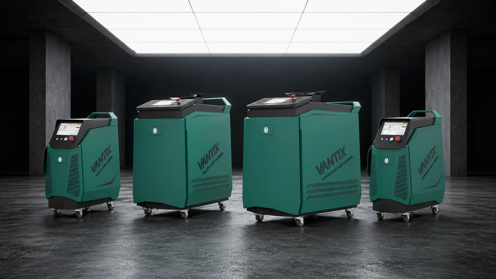 Rendering of four teal Vantix laser cleaning units on wheels in a dark hall