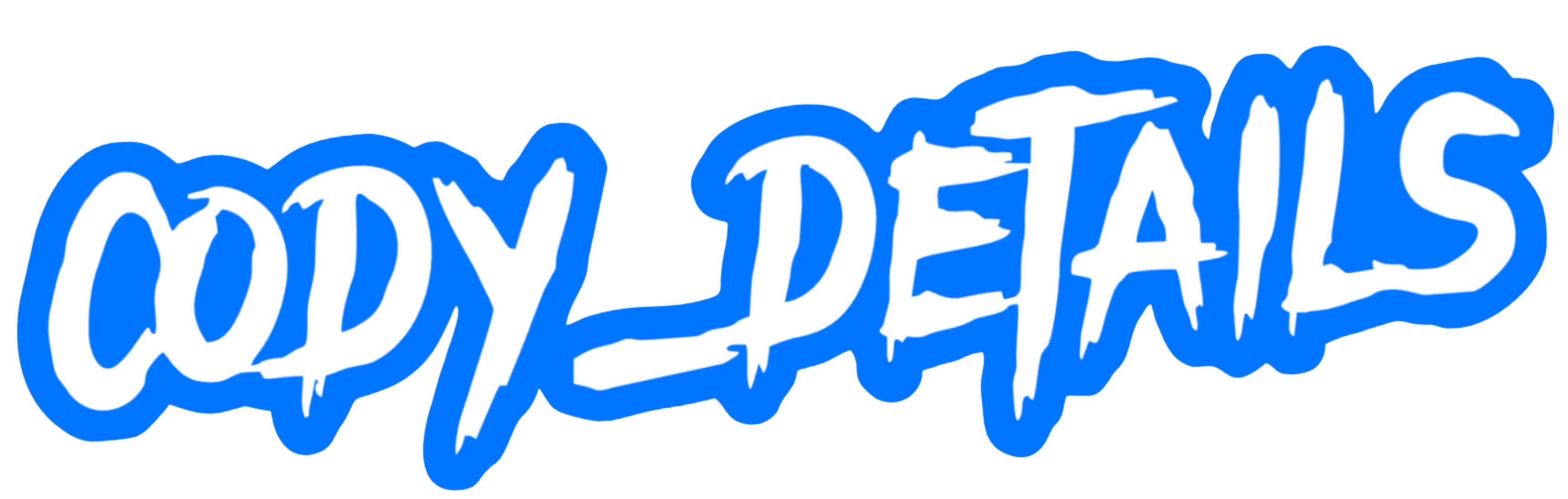Text graphic that reads 'CODY_DETAILS' in white stylized letters with a bright blue outline on a transparent background.