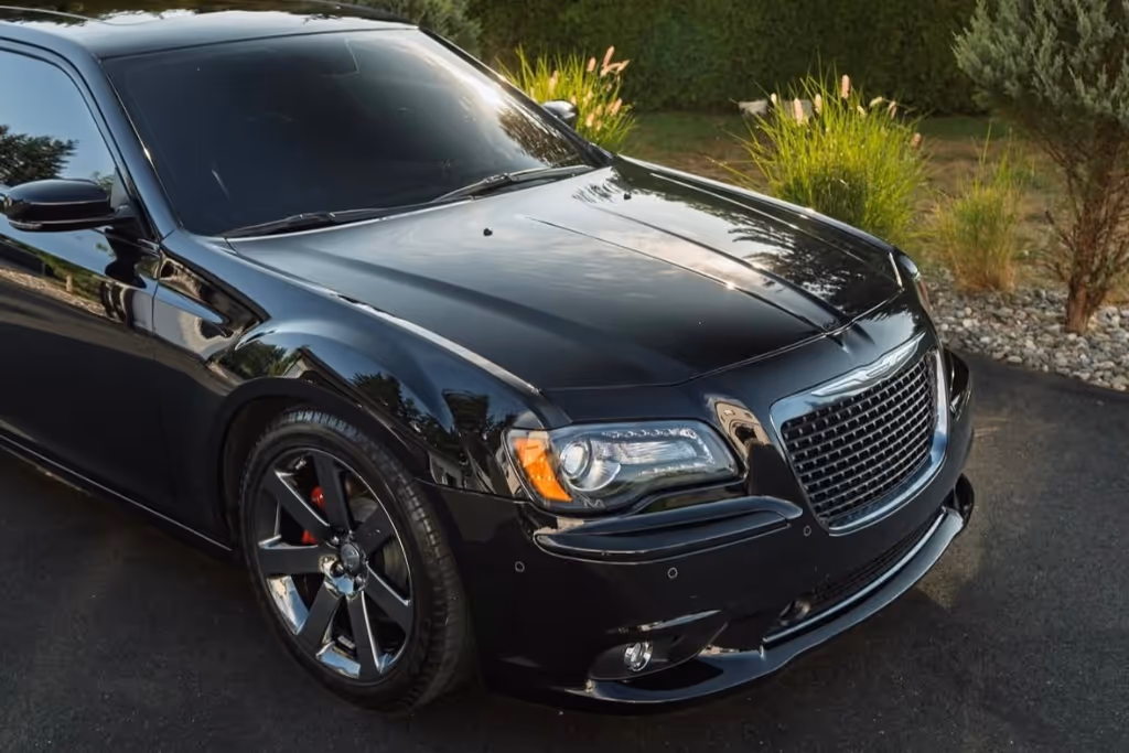 Black luxury sedan parked on driveway near green bushes and decorative rocks.