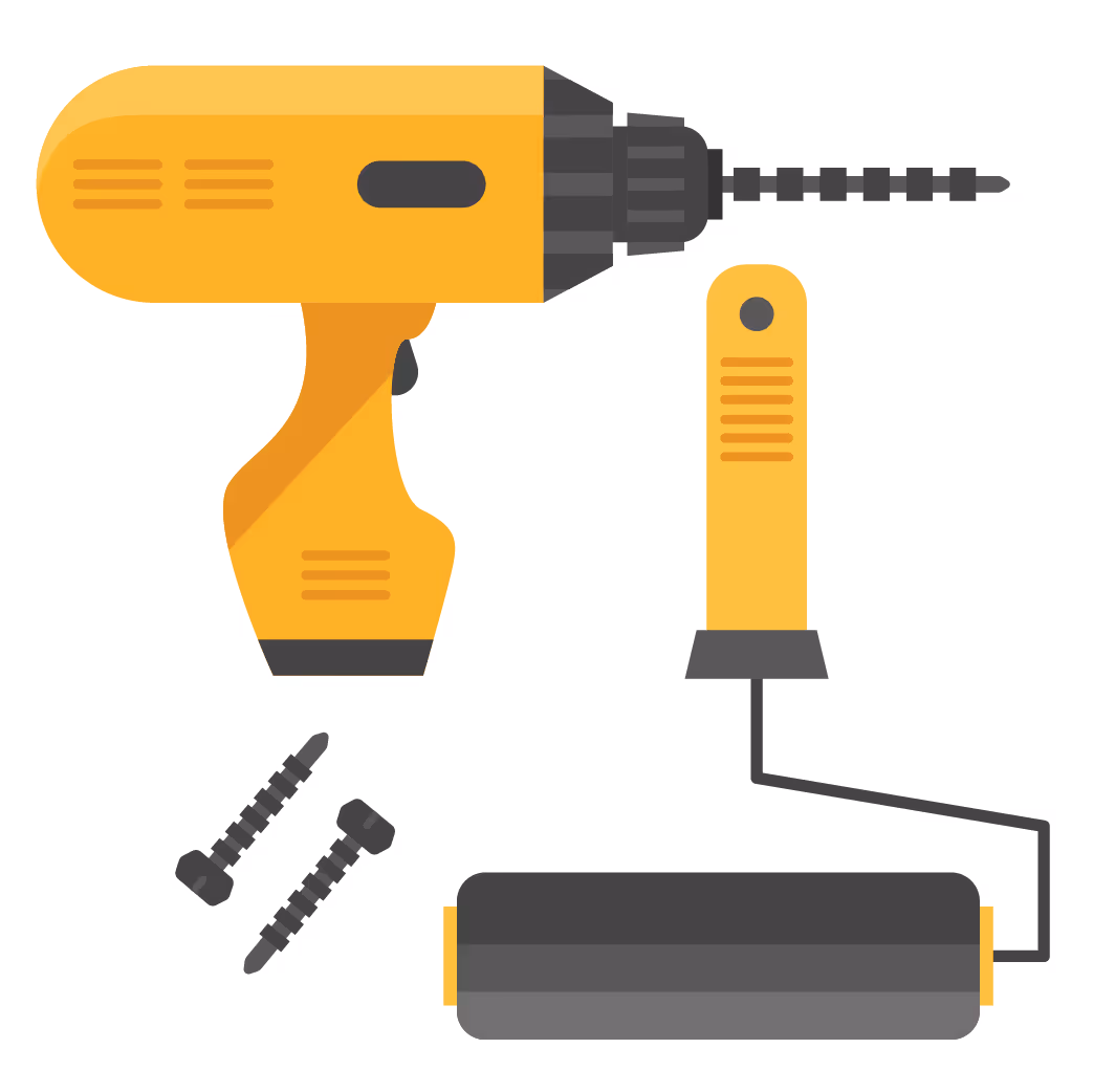 Yellow electric drill with a drill bit attached, two screws, and a paint roller with a yellow handle and a black roller.