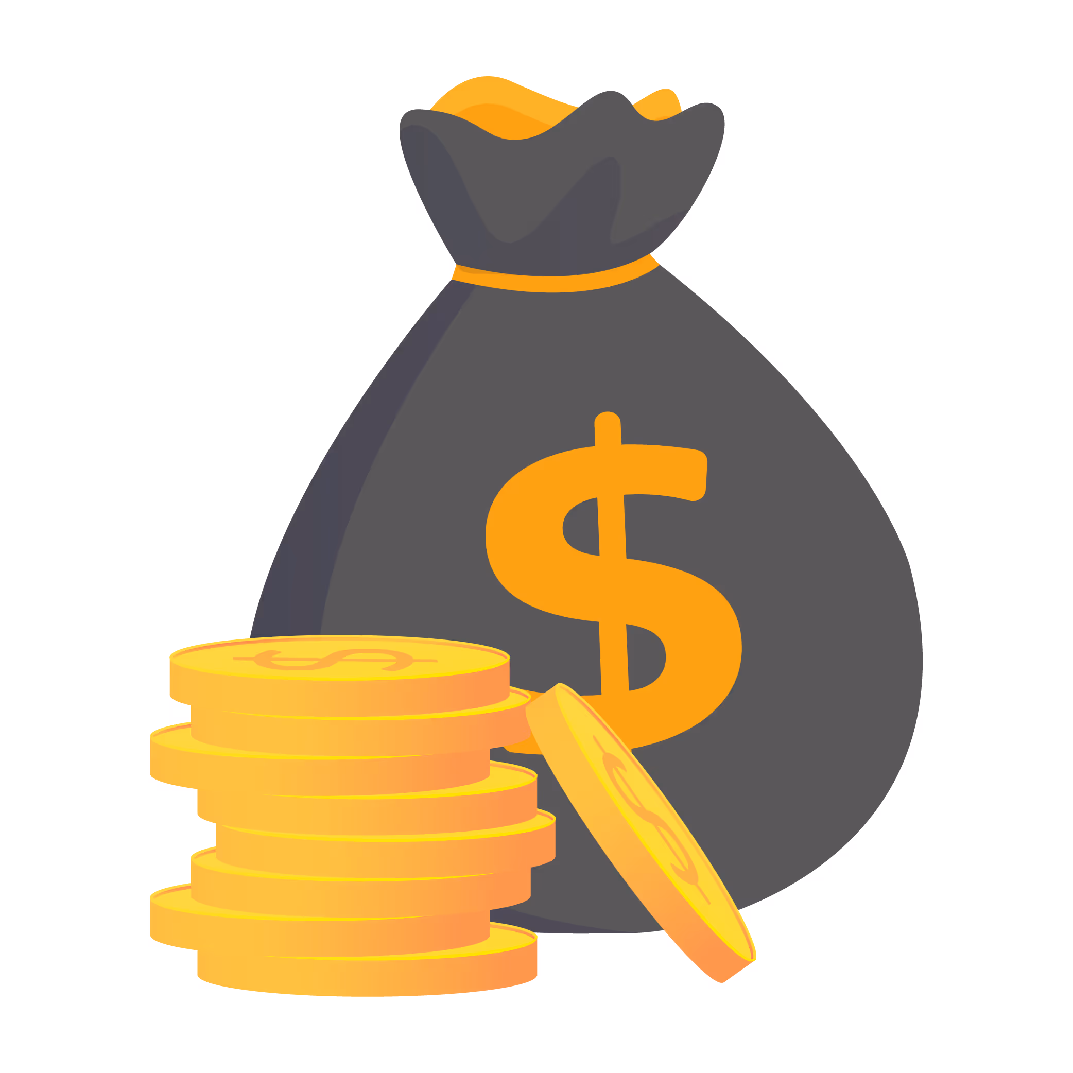 A dark gray money bag with an orange dollar sign on it, next to a stack of gold coins and one coin leaning against the bag.