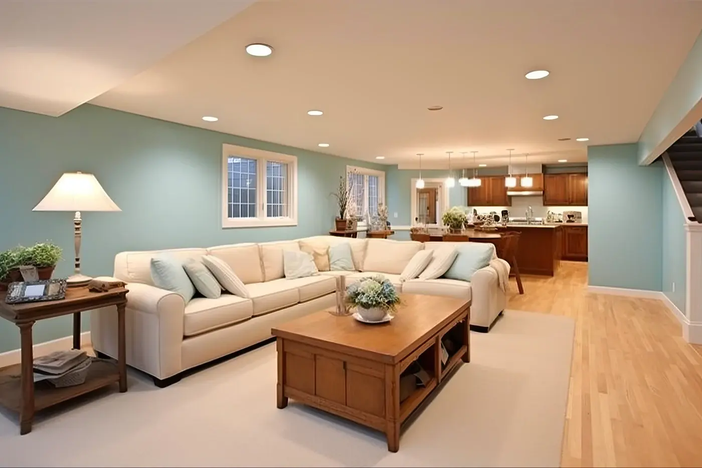 Finished basement ceiling treatment that hides ductwork and wiring