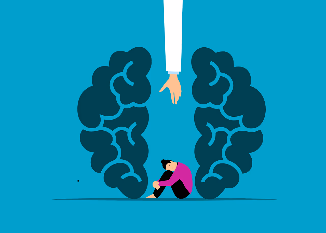 Une personne assise, recroquevillée entre deux formes de cerveau, une main tendue vers elle.