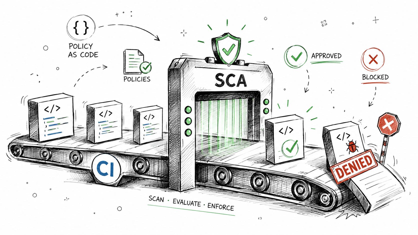 A hand-drawn illustration showing an automated software composition analysis scanner processing code blocks on a conveyor belt.