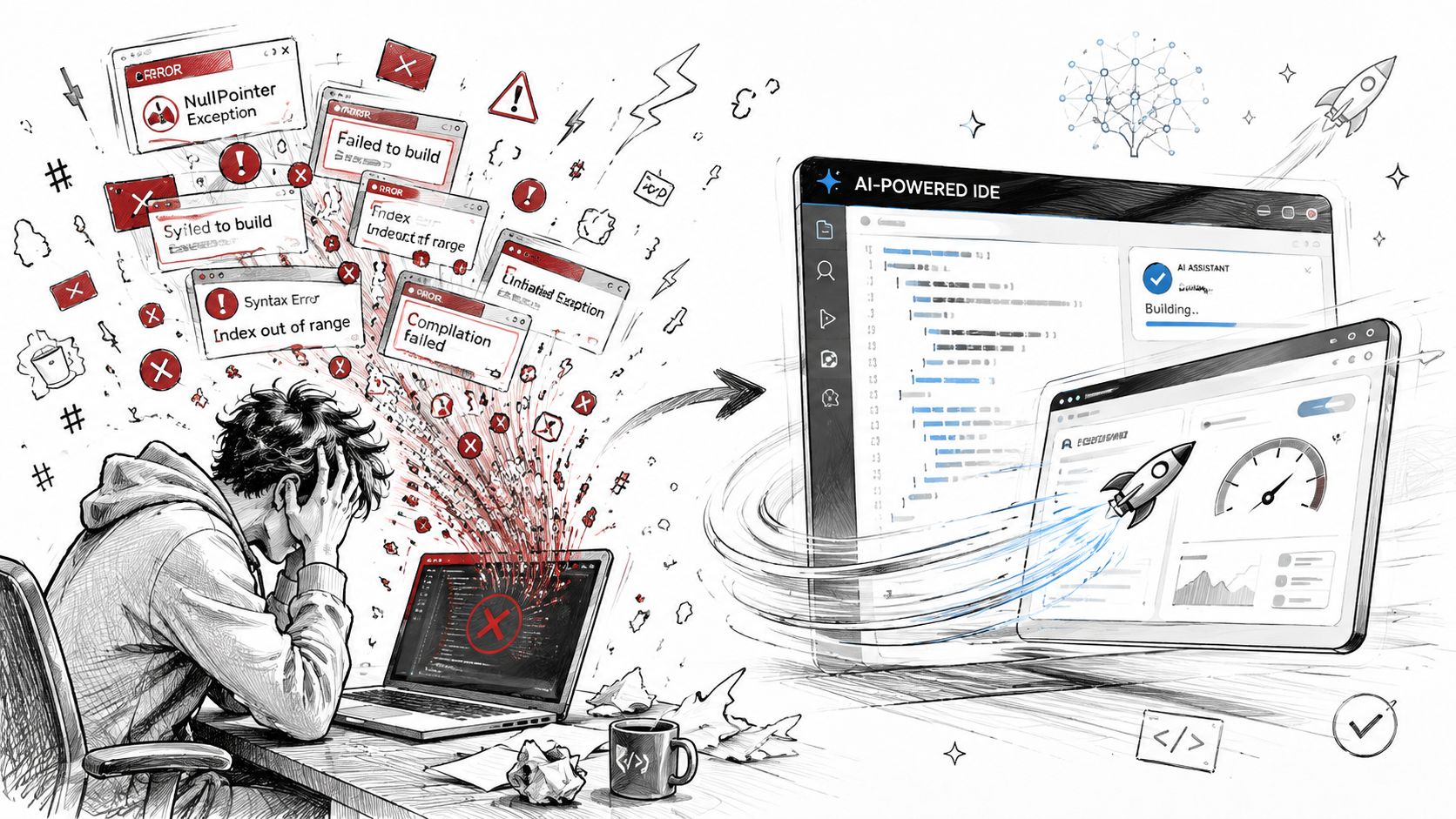 A developer stressed by coding errors finding a solution using an AI-powered development environment interface.