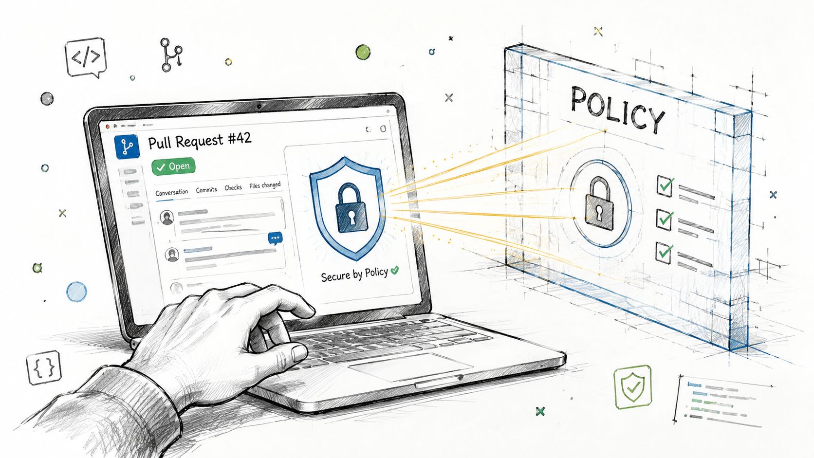 A hand using a laptop to review a secure software pull request connected to a digital policy wall.