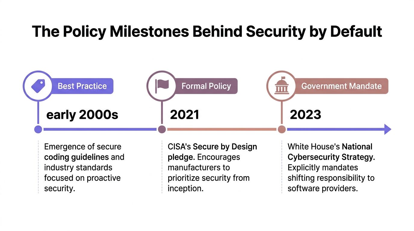 A timeline chart illustrating the progression of security by default from early 2000s to 2023.