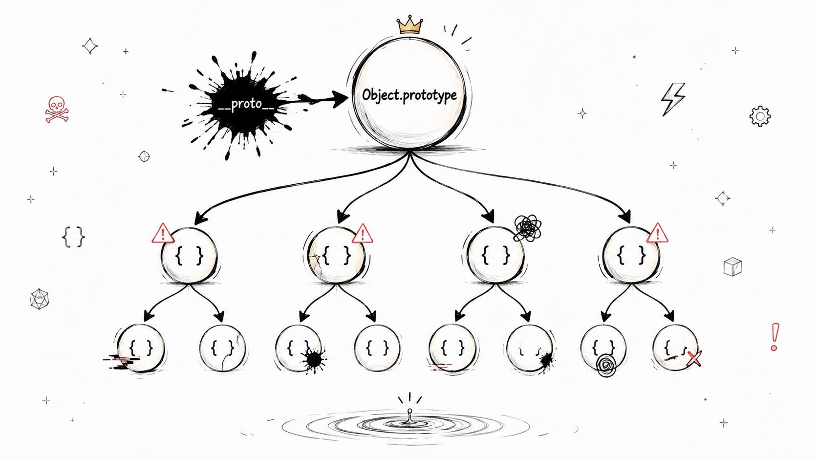A hand-drawn illustration showing the JavaScript prototype chain with a crown on Object.prototype and various warning icons.