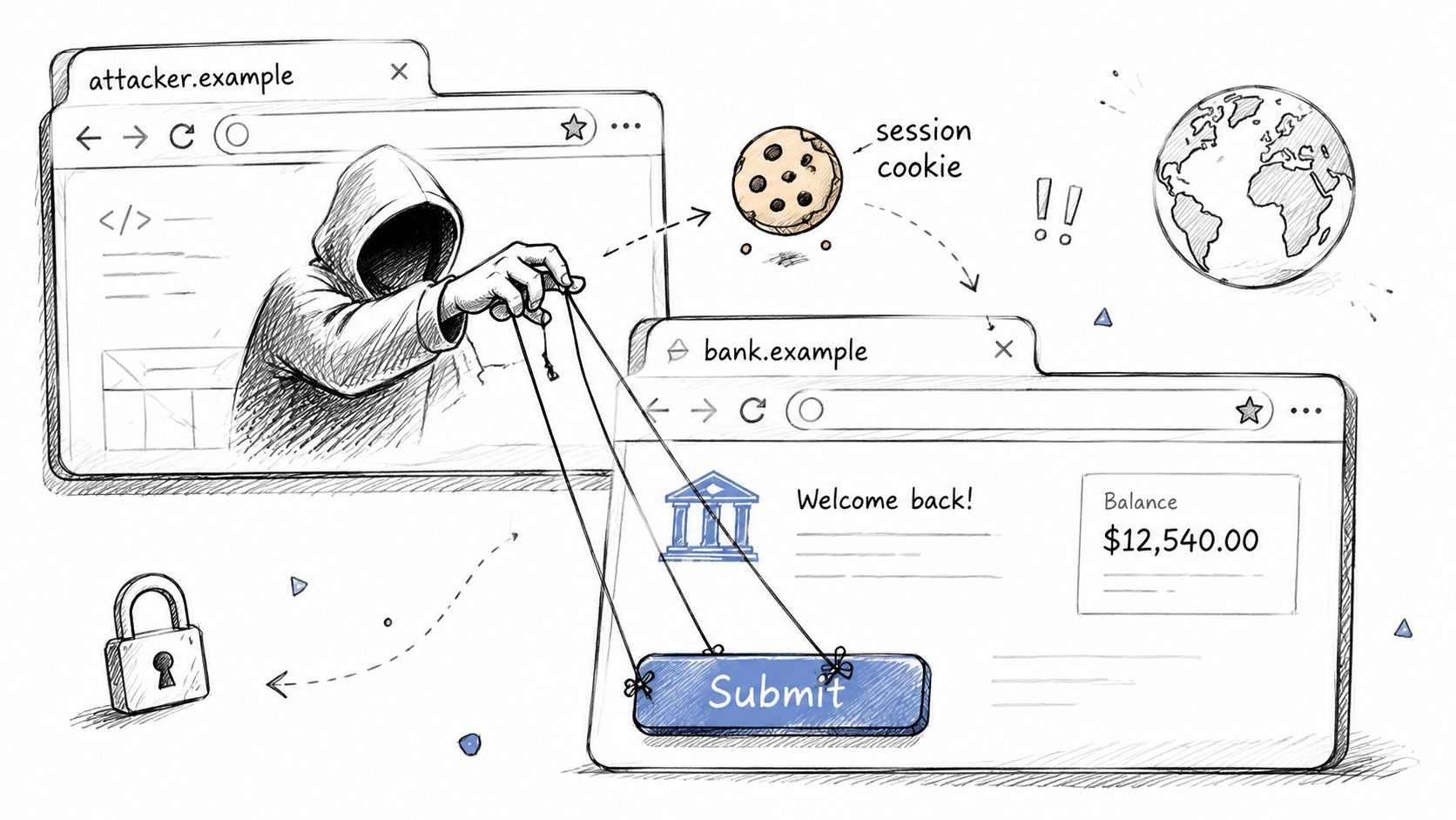 A digital illustration showing a hacker exploiting a cross-site request forgery vulnerability on a bank website.