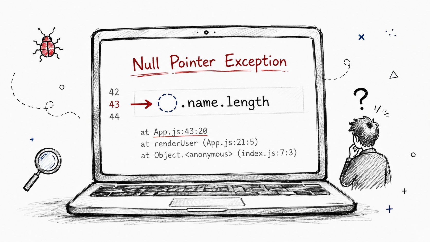 A sketched illustration of a laptop screen displaying a null pointer exception error in code.