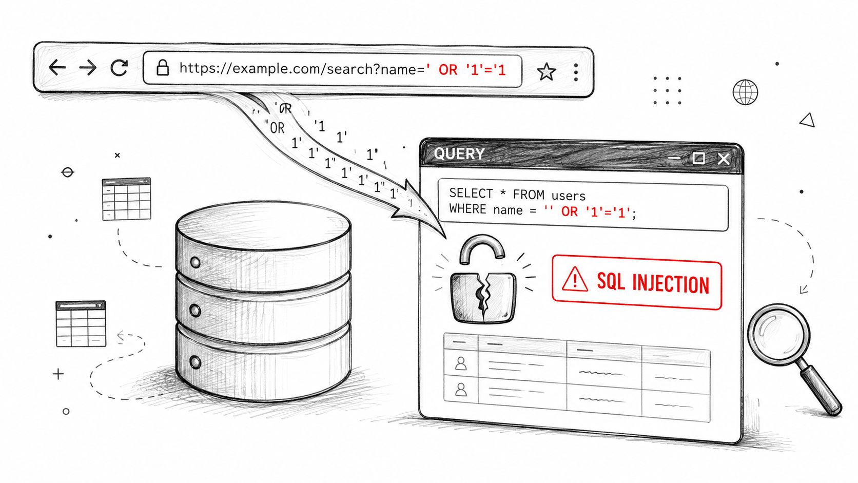A hand-drawn illustration depicting a SQL injection attack against a database server through a web URL.