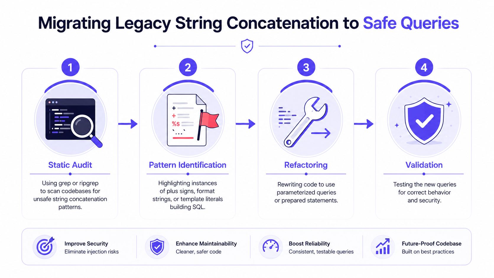 A four-step infographic illustrating the process of migrating legacy string concatenation in code to safe, parameterized SQL queries.