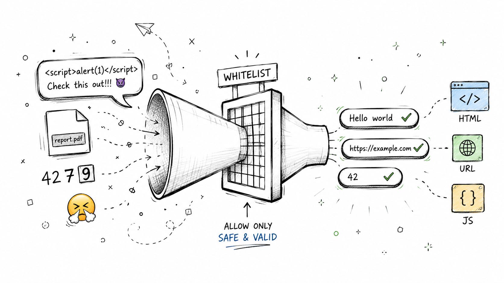 A hand-drawn illustration depicting a whitelist filter processing data inputs to allow only safe and valid content.