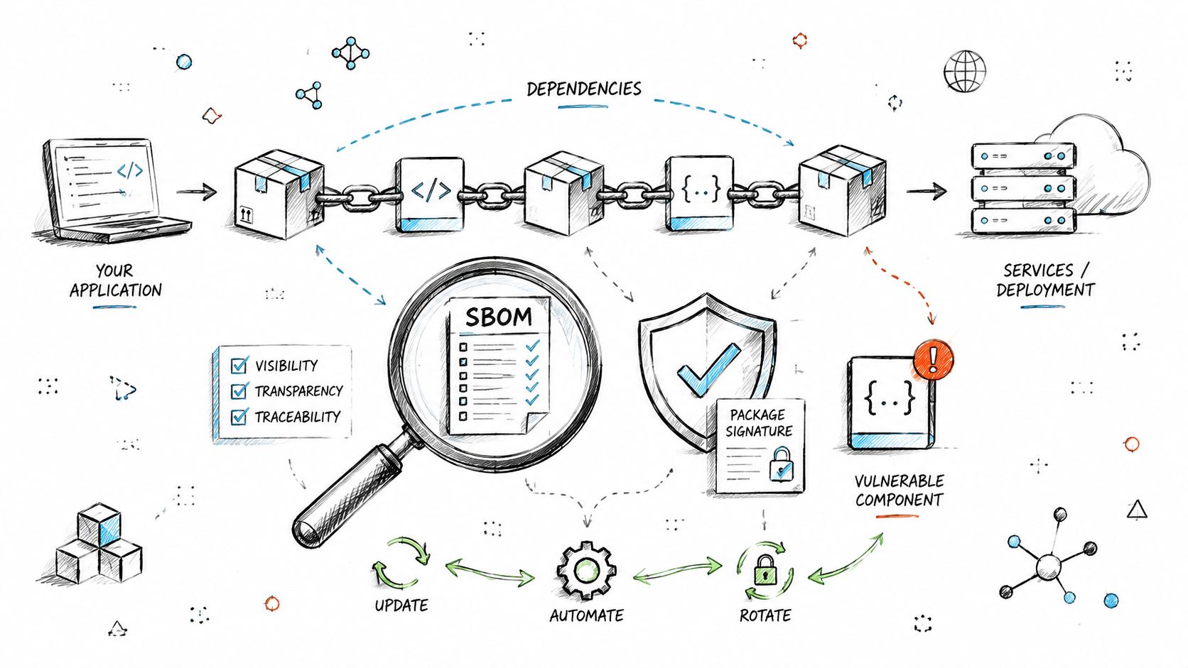 A diagram illustrating application security with SBOM tracking, dependency management, and automated vulnerability scanning process flows.