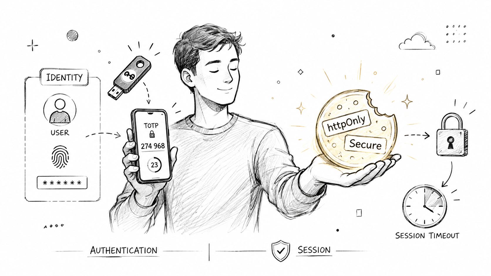 A pencil sketch illustration showing the relationship between secure user authentication methods and session management practices.
