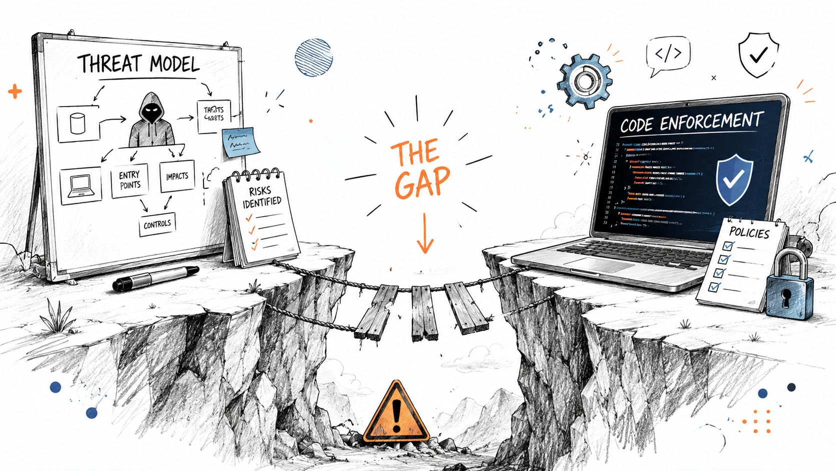 A hand-drawn illustration showing the gap between threat modeling and code enforcement in software security.