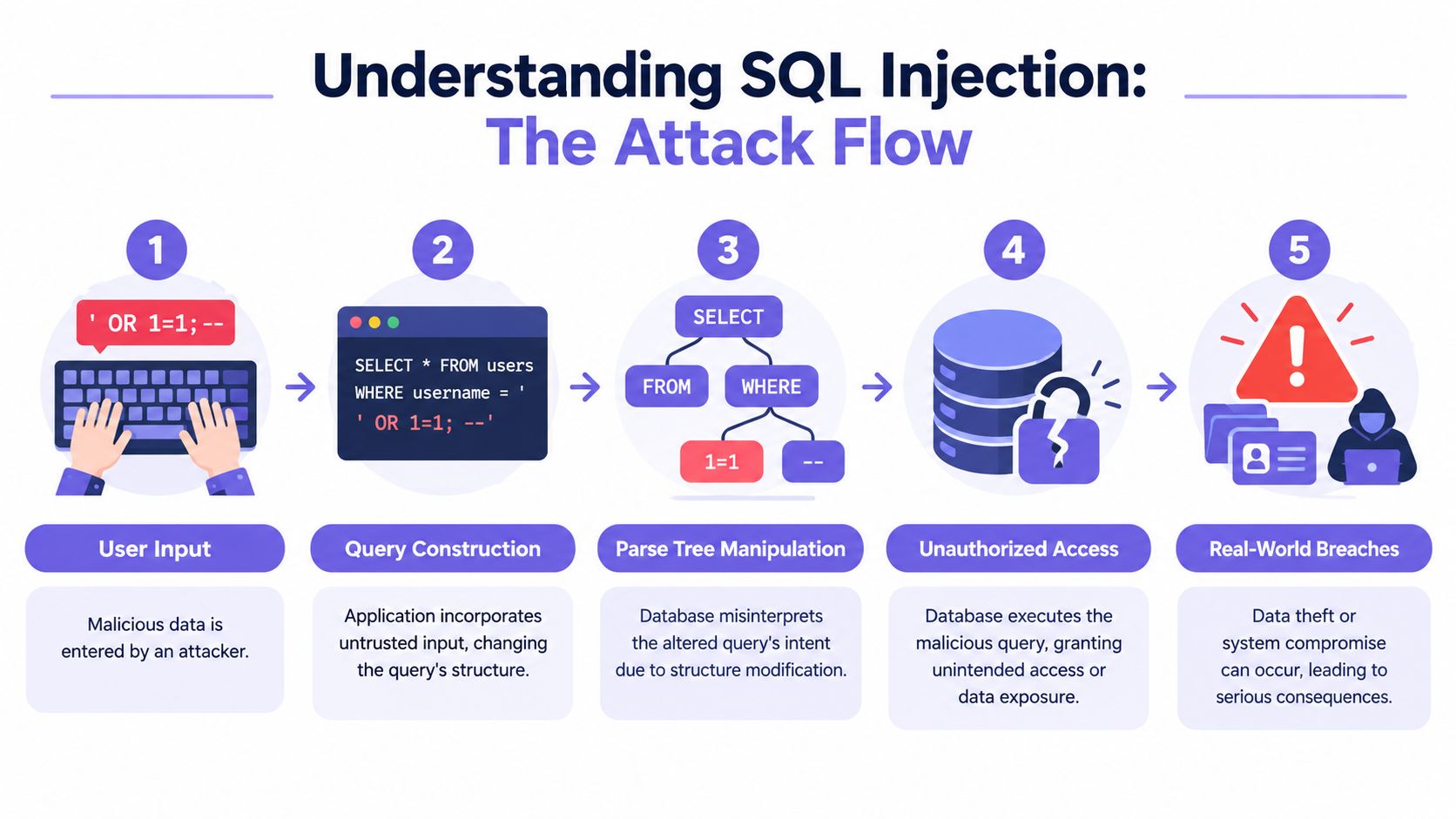 A diagram illustrating the five-step process of a SQL injection attack flow, from user input to data breach.