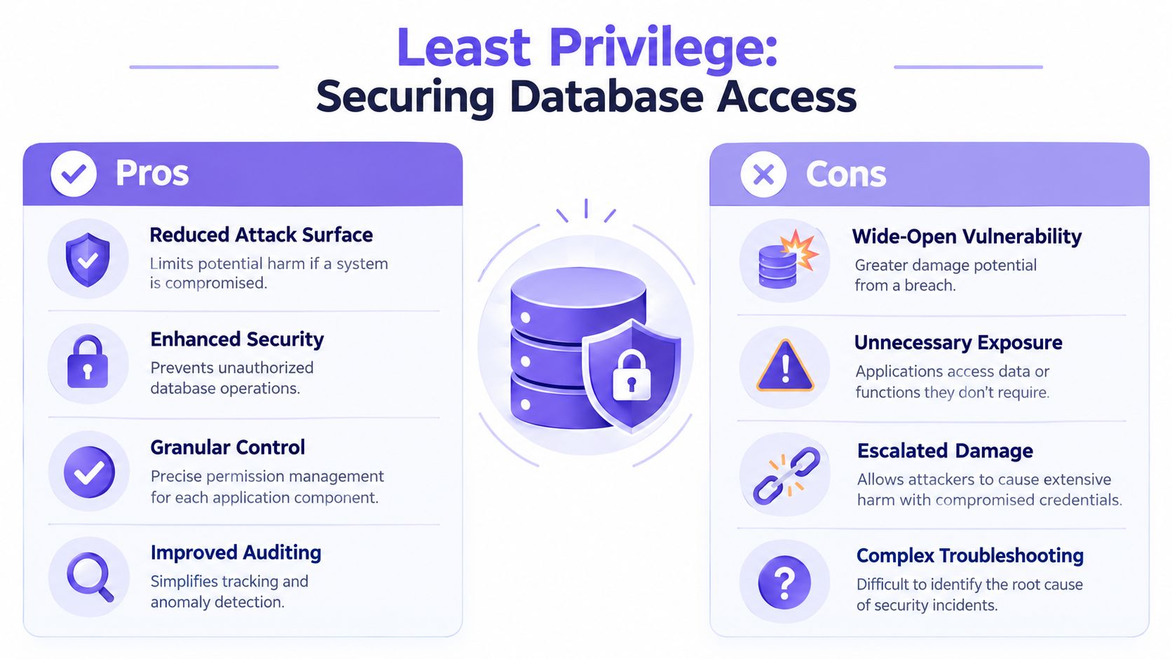 An infographic titled Least Privilege: Securing Database Access, displaying pros and cons of database security practices.