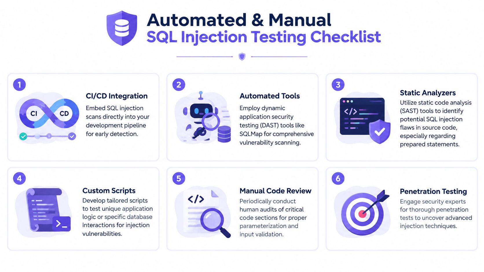 An infographic checklist outlining six automated and manual strategies to test for SQL injection vulnerabilities.