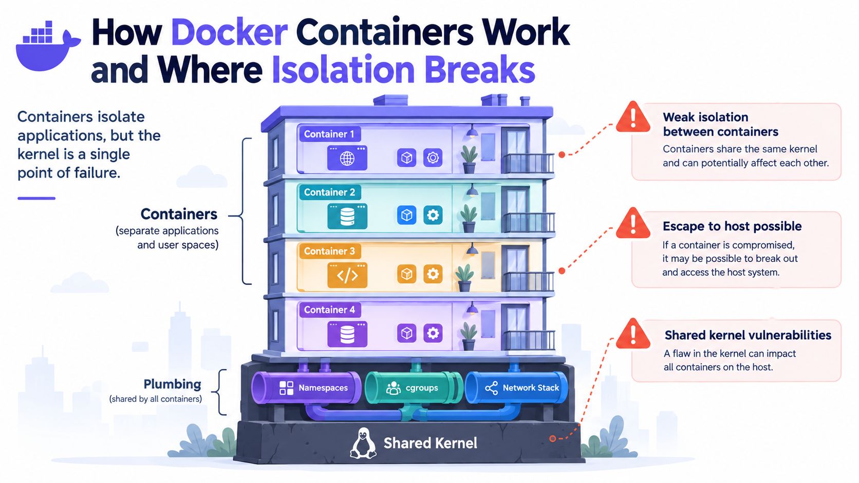 A diagram illustrating how Docker containers operate on a shared kernel and highlighting potential security isolation risks.