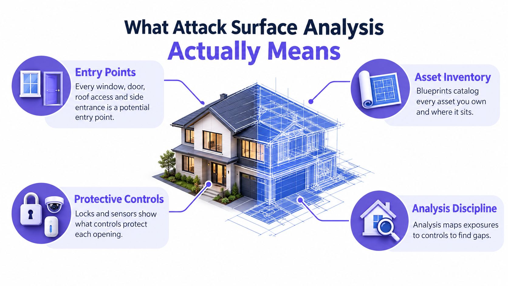 An infographic showing a house split between a realistic view and a blueprint illustrating attack surface analysis.