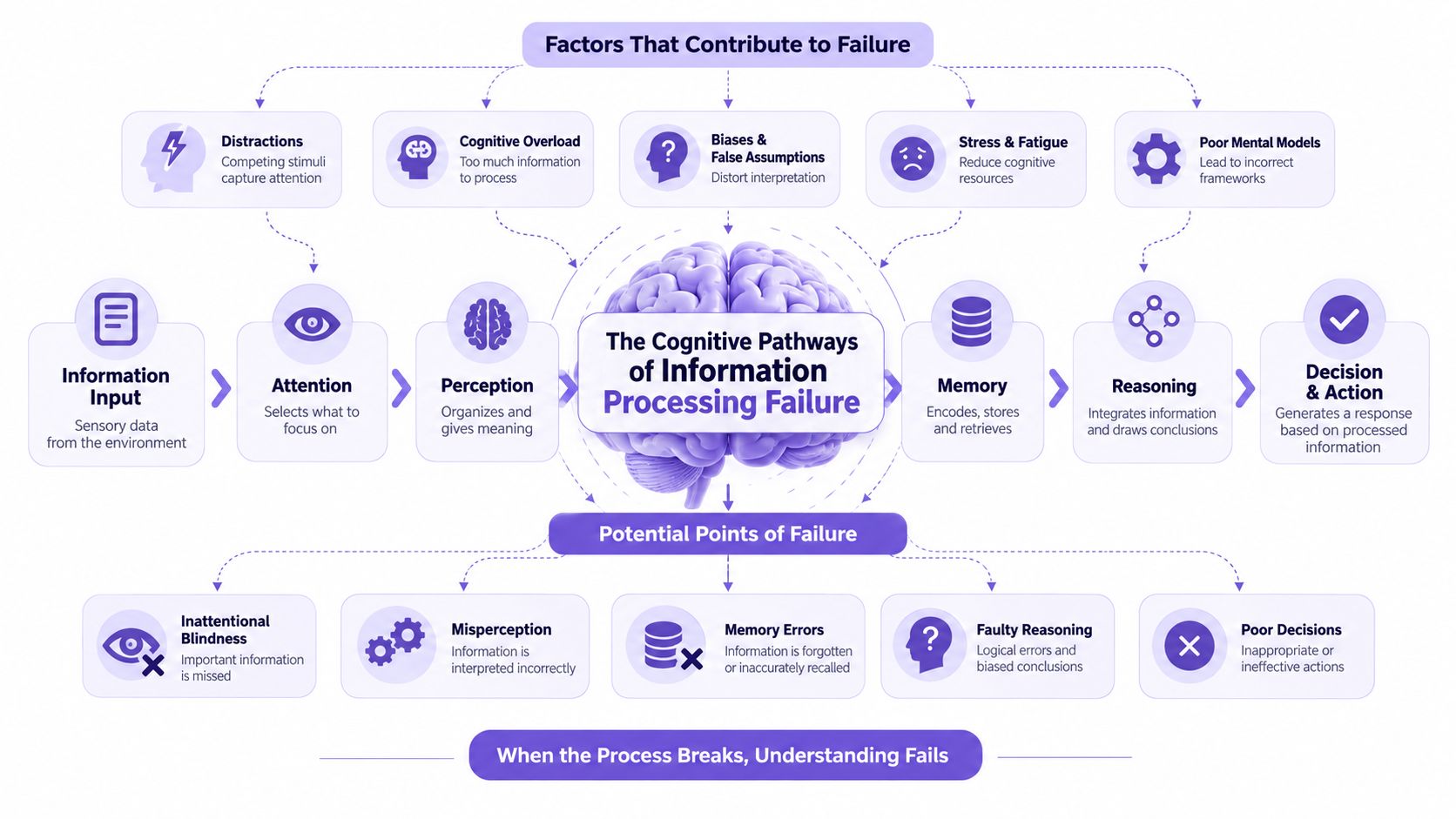 A diagram illustrating cognitive pathways of information processing and common factors that cause human judgment failure.