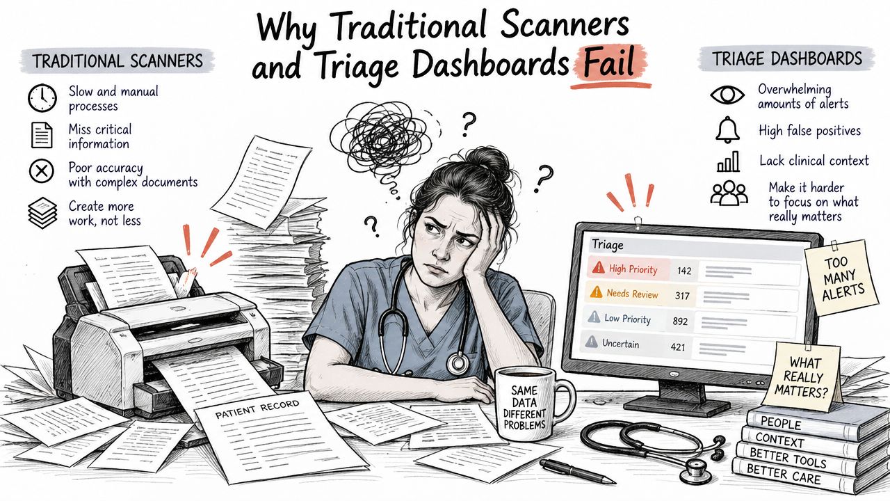 A stressed healthcare professional overwhelmed by stacks of paperwork and a dashboard displaying too many clinical alerts.