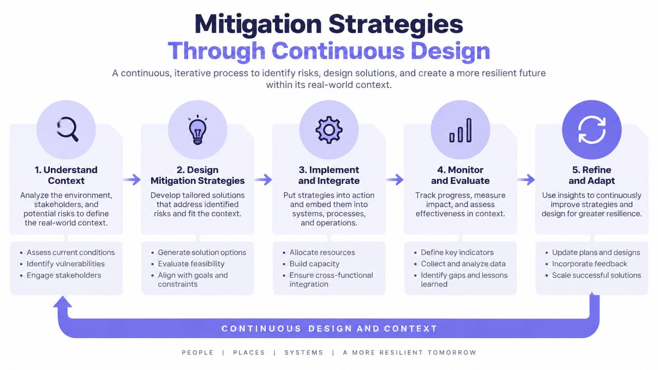 A five-step diagram illustrating a continuous design process for implementing mitigation strategies to improve resilience.