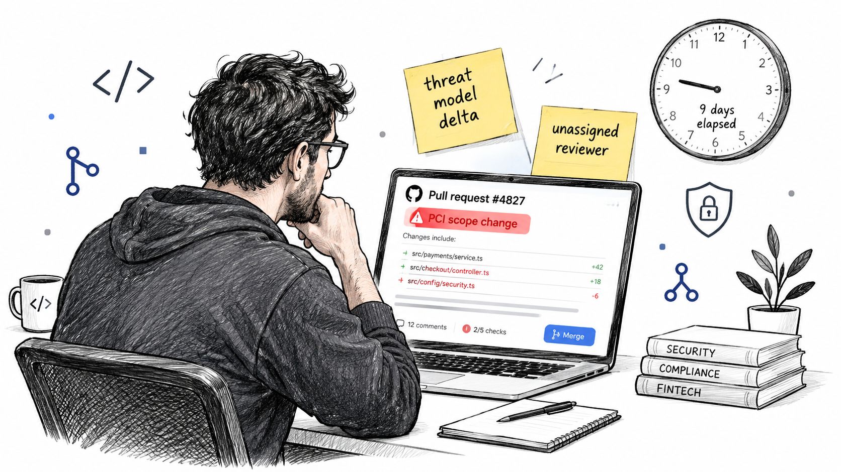 A developer working on code review, facing security and compliance bottlenecks for a pull request.