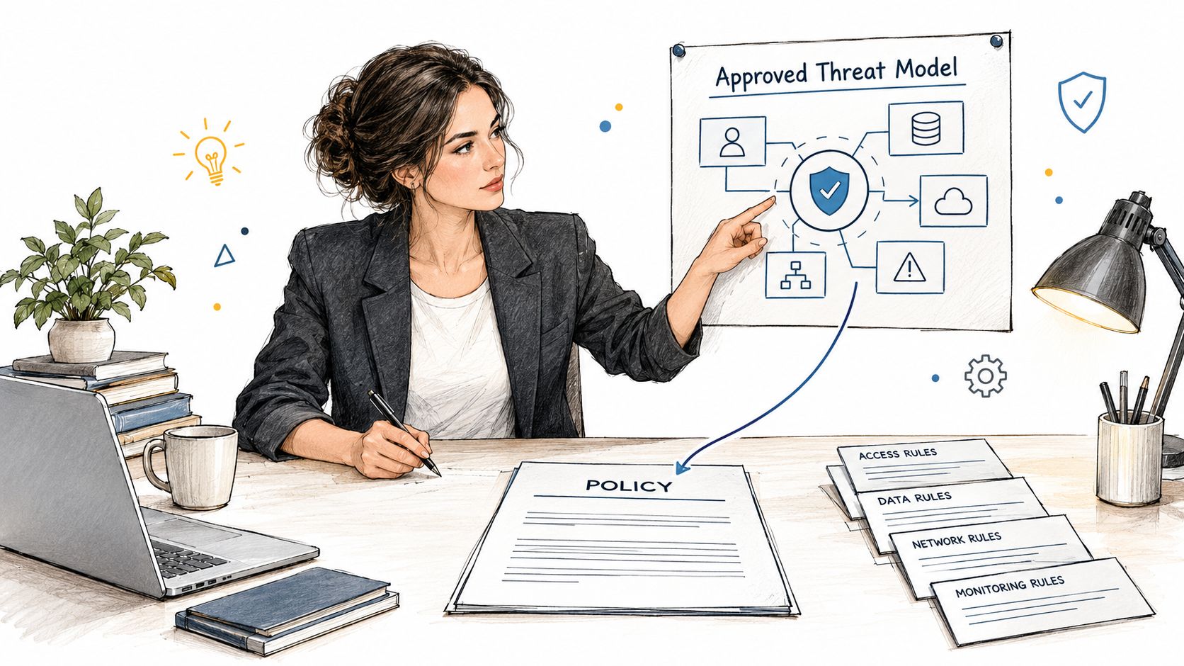 A professional woman in a blazer pointing to an approved threat model chart at her desk.