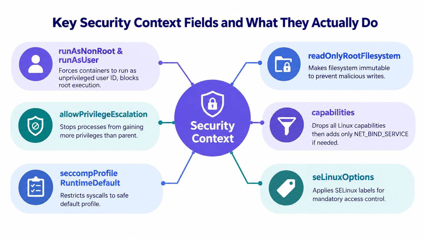 A diagram explaining key Kubernetes security context fields like runAsNonRoot, allowPrivilegeEscalation, and others for container protection.